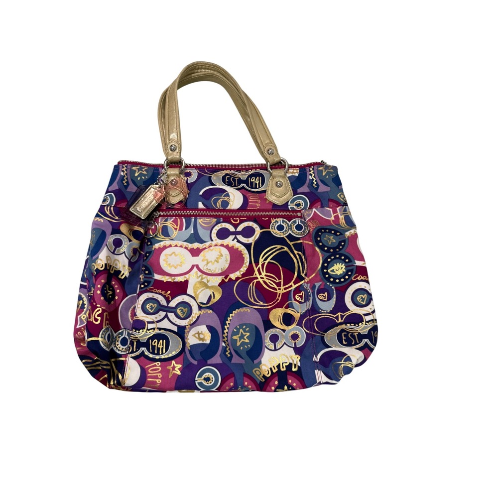 Y2K Coach Poppy Kaleidoscope Graffiti Print Tote Bag Purple Pink Gold 18342